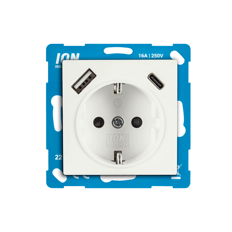ION INDUSTRIES | Wandcontactdoos RA USB A + USB C met Aanraakbeveiliging V1/J1 Mat Alpin Wit