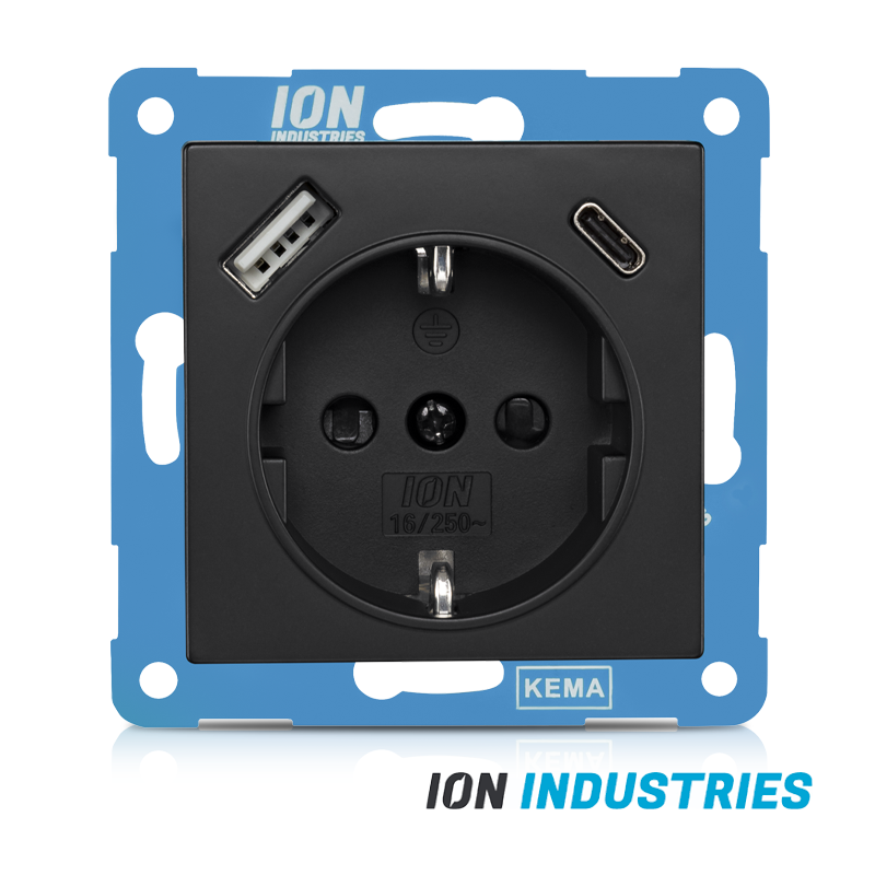 ION INDUSTRIES | Wandcontactdoos RA USB A + USB C met Aanraakbeveiliging V1/J1 Mat Zwart