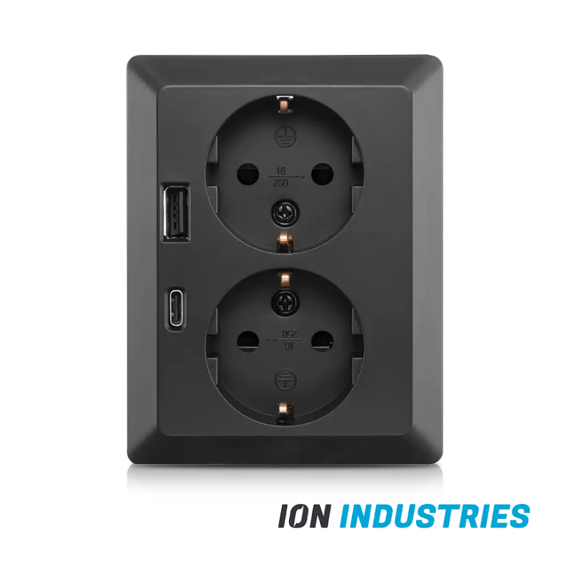 ION INDUSTRIES | Wandcontactdoos Half Opbouw 2-voudig RA USB A + USB C Mat Zwart