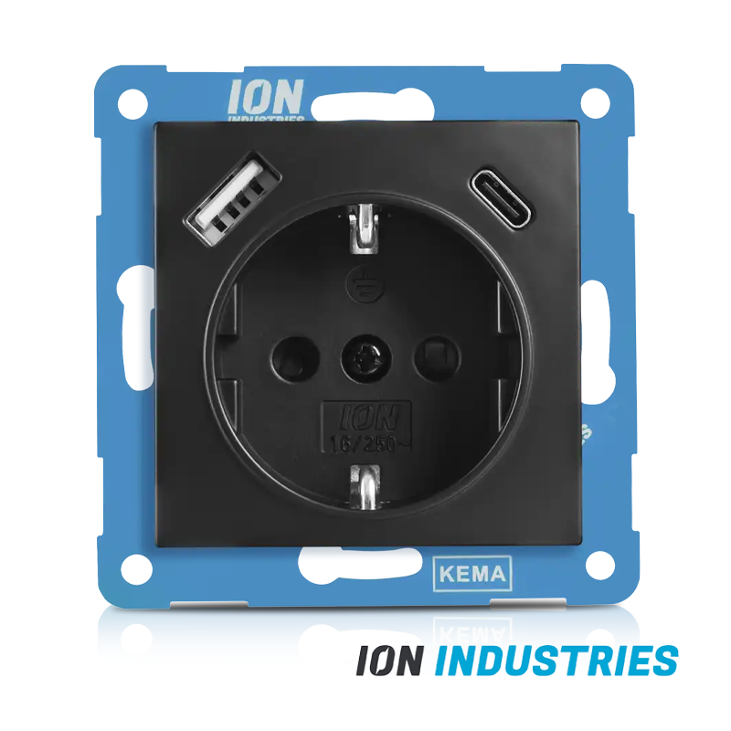 ION INDUSTRIES | Wandcontactdoos RA USB A + USB C met Aanraakbeveiliging E1 Mat Zwart